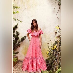 $995 NWT ML MONIQUE LHUILLIER Sz 4 OFF SHOULDER POLKA DOT GOWN PINK/GOLD